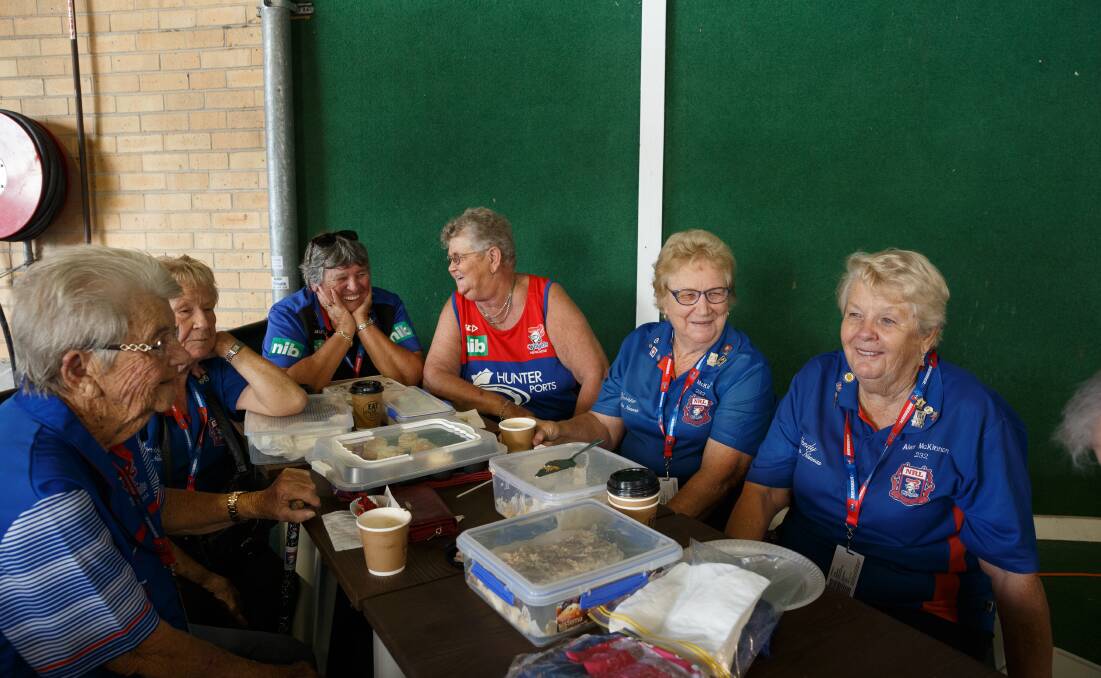 LOYAL FORCE: Knights Nannas Beryl Lawson, Dorothy Smith, Kathy Smith, Joan Delaforce, Yvonne O'Donnell and Wendy Hepplewhite at their pre-match coffee and cakes gathering at McDonald Jones Stadium. Picture: Max Mason-Hubers