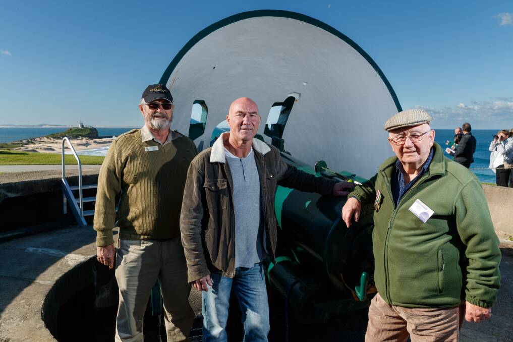 Neil Robinson, Roger Pricter and Grahame Pricter at Fort Scratchley. Picture: Max Mason-Hubers 