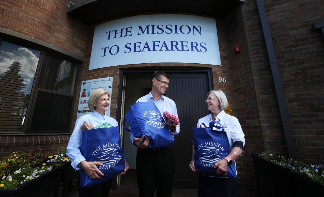 CARING: Bernadette Barry, Rev Canon Garry Dodd and Dianne Terry holding care packages at the Mission to Seafarers. Picture: Simone De Peak