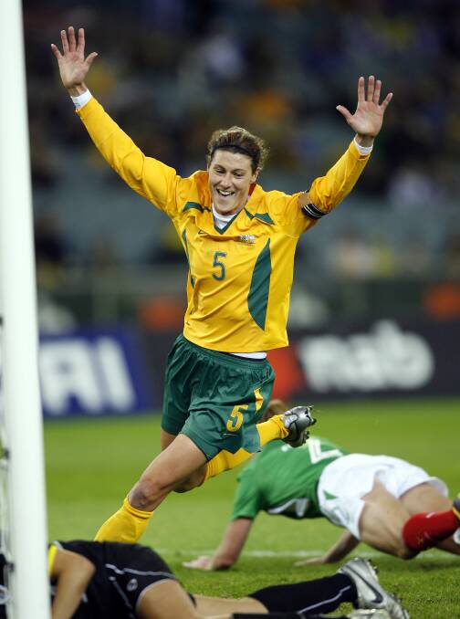 As the Matildas' captain, Cheryl Salisbury scores a goal against Mexico in 2006. Picture: Andrew Brownbill/AP Photo. 