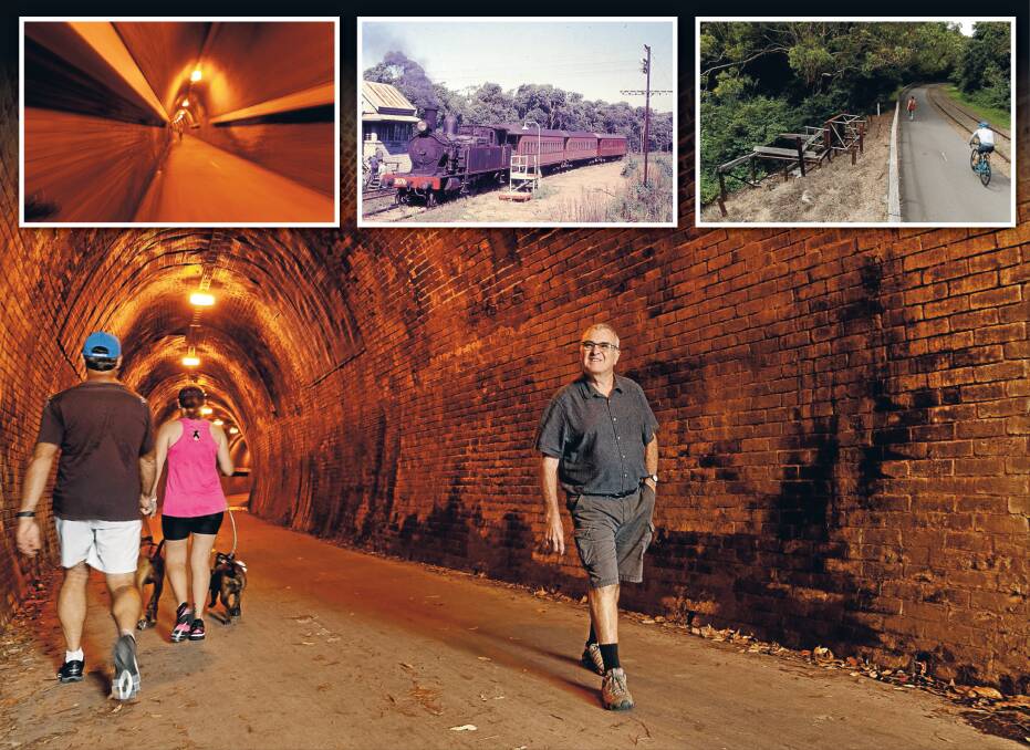 LIVING HERITAGE: Rail historian Ed Tonks walks through Redhead Tunnel, a cyclist passes the signal box ruins at Fernleigh Loop, and centre, a passenger train at Fernleigh Loop in 1966. Pictures: Ron Preston and Max Mason-Hubers 