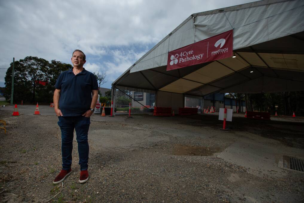 FRUSTRATION: Director of pathology firm Medtech Services, Nick Burns, at the dormant drive-through COVID-19 testing clinic at Warners Bay. Picture: Marina Neil