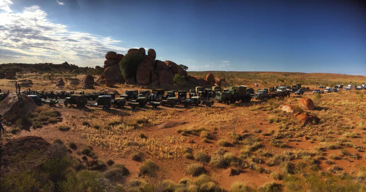 The Back to the Track convoy of WW2 vehicles at Devils Marbles, NT. Picture: Courtesy, Danielle Hart & Jason Becker