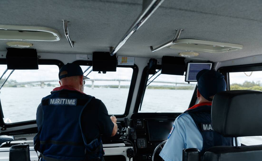 NSW Maritime officers approaching the "Singing Bridge" along the Myall River. Picture: Max Mason-Hubers