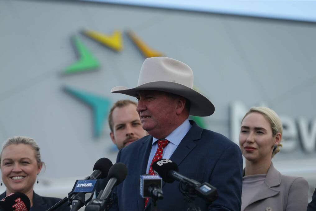 Deputy Prime Minister Barnaby Joyce with local candidates, including Paterson's Brooke Vitnell, right, at the recent Newcastle Airport terminal upgrade announcement. Picture: Jonathan Carroll 