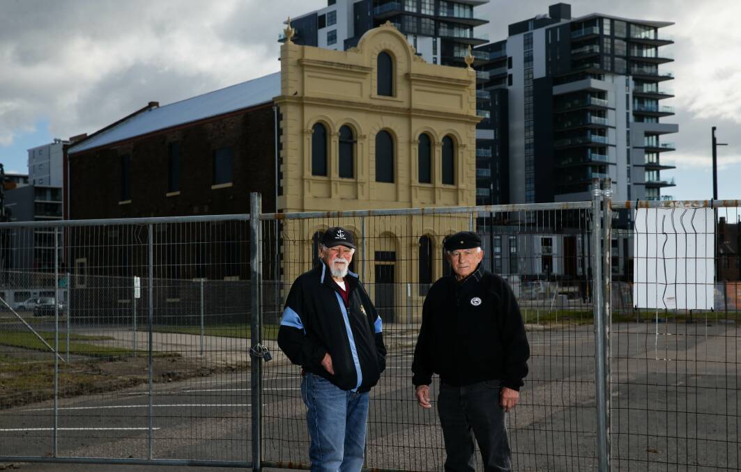 Veteran seafarers John "Tich" James and Fred Krausert outside the former Wickham School of Arts building. Picture: Jonathan Carroll