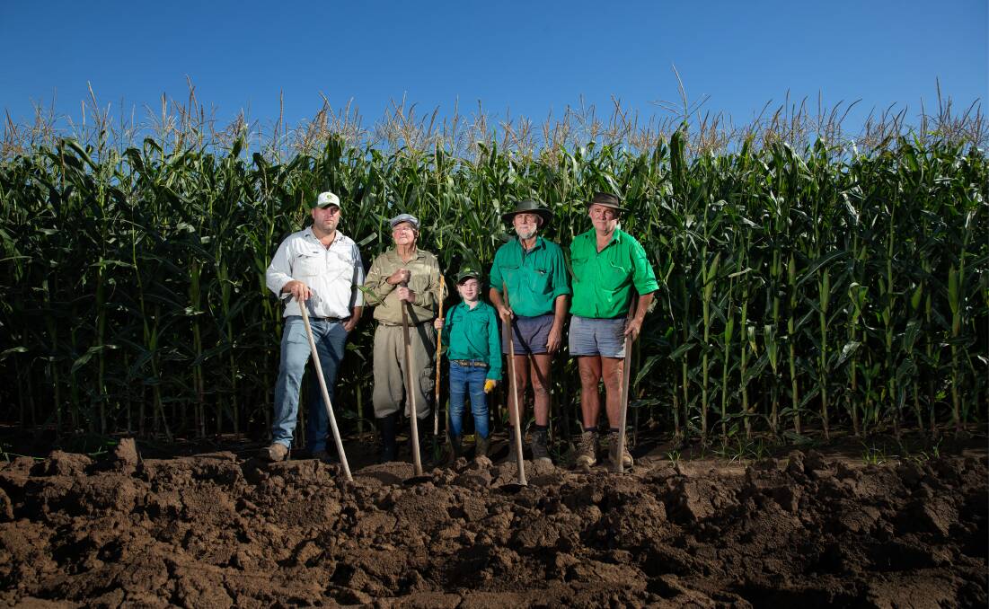 Family farmers Brahm Osborn, his grandfather Dal Osborn, son Dallas Osborn, his father Roger Osborn and Roger's twin brother, Stephen Osborn. Picture: Marina Neil