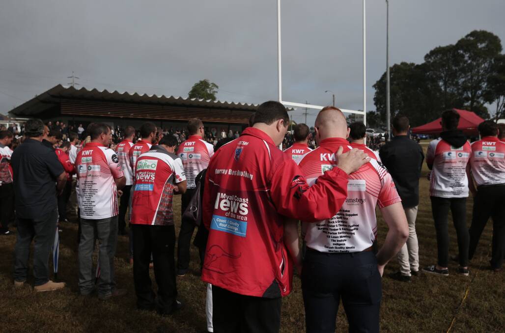 Karuah Roos rugby league team mates, including club president Daniel Evans, at the funeral service. Picture: Simone De Peak
