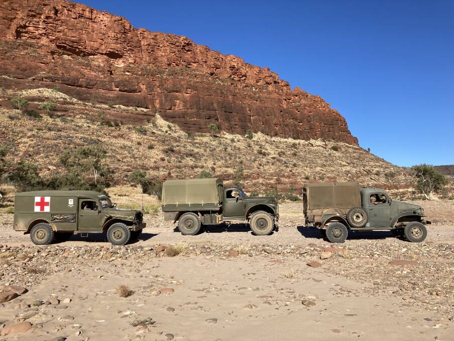ROAD TRIP: The three WW2 vehicles from Lake Macquarie at Finke River in the Northern Territory. Picture: Courtesy, Jason Becker & Danielle Hart