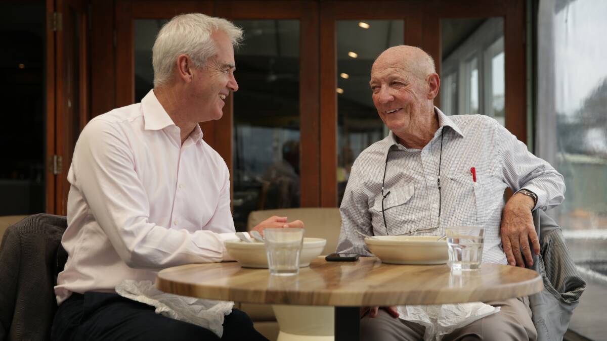 COMMUNITY MAN: Dr Denis Gordon at lunch with Scott Bevan at Lake Macquarie Yacht Club in Belmont. Picture: Simone De Peak 