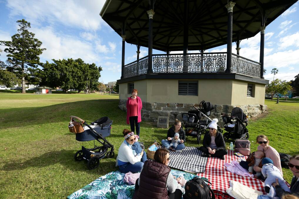  Historian and author Julie Keating, with a mothers' group, at the rotunda in Lambton Park. Picture: Jonathan Carroll 