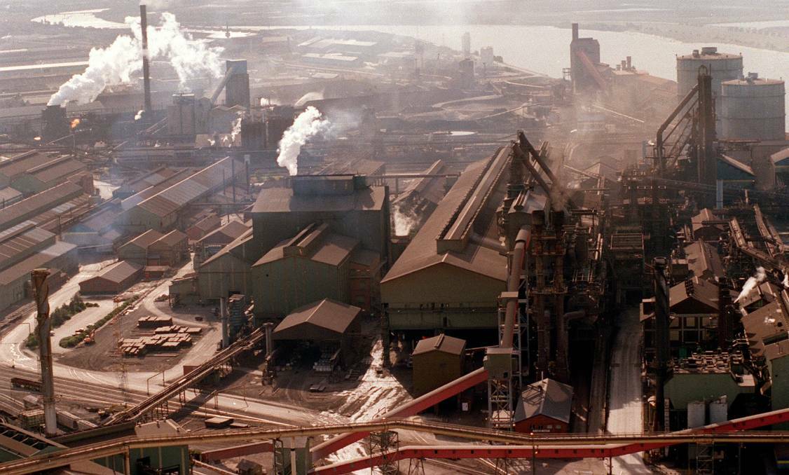 Aerial view of the BHP steelworks in Newcastle, with the Hunter River in the background, in 1997. 