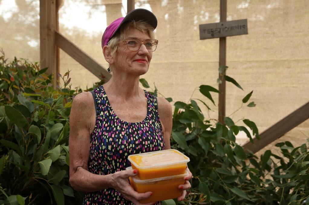 Volunteer Di Lucas, known as The Pumpkin Lady, with a batch of pumpkin puree that she had just made. Picture: Simone De Peak