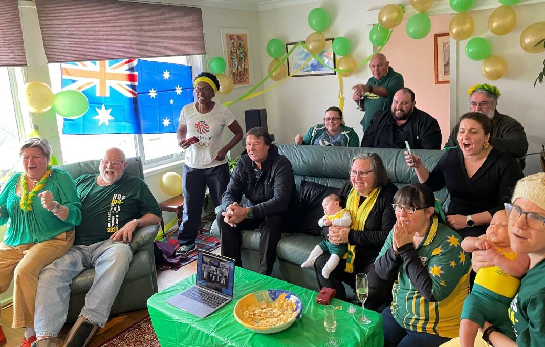 JUBILATION: Spencer Turrin's loved ones, with parents Catherine and Vic on the left, watch the television and cheer on the Dungog-raised rower towards an Olympic gold medal. Picture: Courtesy, Felicity Boate