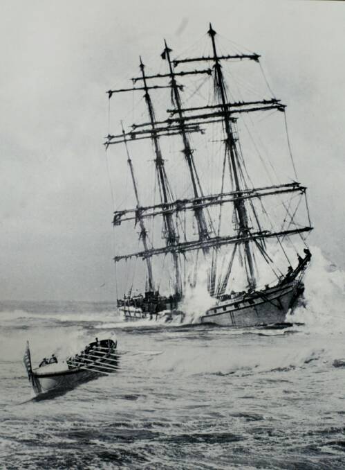 
The stricken sailing ship 'Adolphe', as the lifeboat 'Victoria' comes to rescue the crew. Picture from Newcastle Herald archives. 