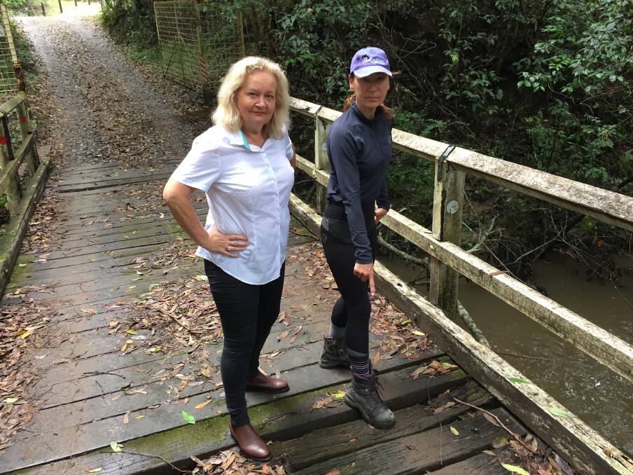 CONCERNED: Residents Maggie Kent and Regina Hackl indicate damaged planks on the bridge. 