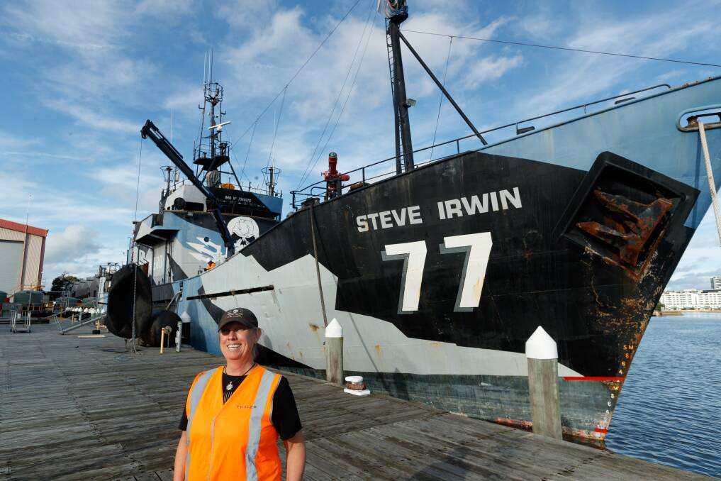 Kerrie Goodall, with the retired Sea Shepherd flagship, the "Steve Irwin", at Thales' wharf at Carrington. Picture: Max Mason-Hubers