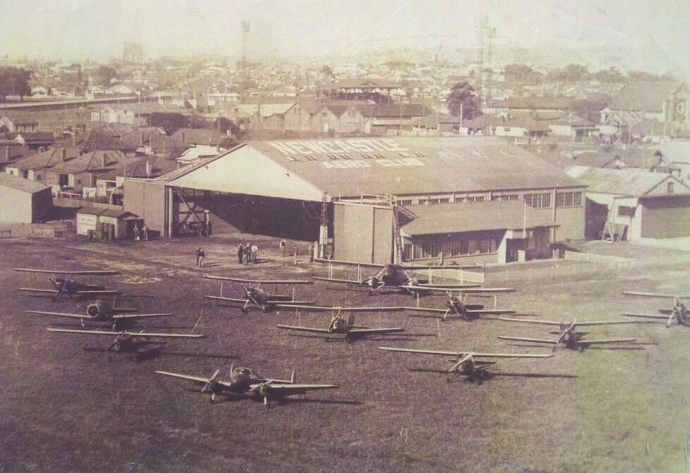 The former Newcastle Aero Club hangar and planes at the long-gone Broadmeadow Aerodrome, featured in Mike Scanlon's new book. Picture: Bill Hitchcock