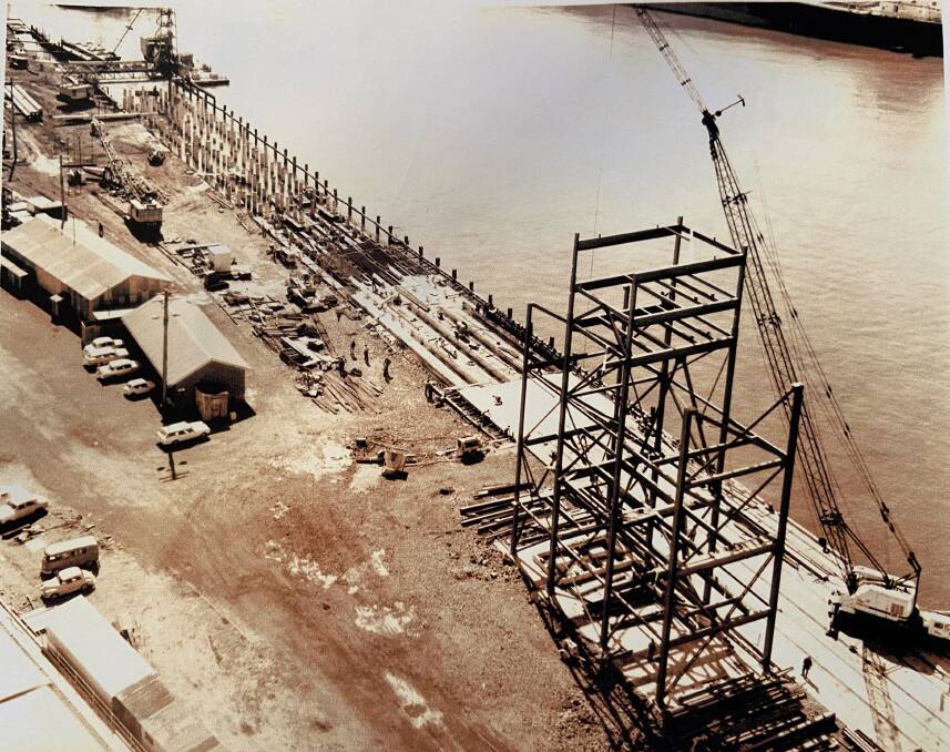 Construction of the shipping tower and new wharf at the grain terminal in 1969. Picture: Supplied 