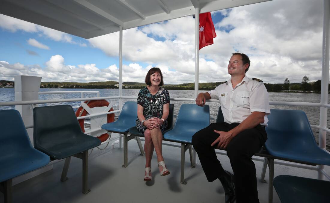 Lake Macquarie mayor Kay Fraser and Lake Macquarie Cruises' general manager, Peter Hanrahan, on the aft deck of the Lake Mac Ferry. Picture: Simone De Peak