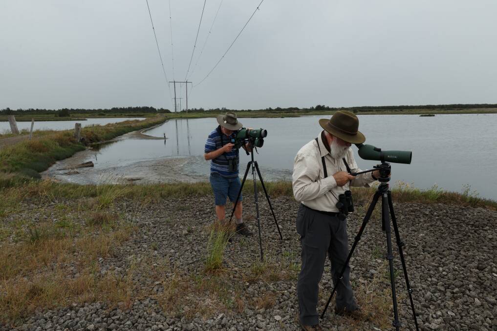 Alan Stuart and Ross Zimmerman, from the Hunter Bird Observers Club, on the shores of Swan Pond. Picture: Max Mason-Hubers