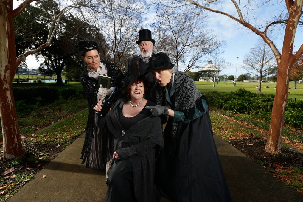 Newcastle Theatre Company actors, including Stewart McGowan portraying "the father of Lambton" Thomas Croudace, in the suburb's iconic park. Picture: Jonathan Carroll 