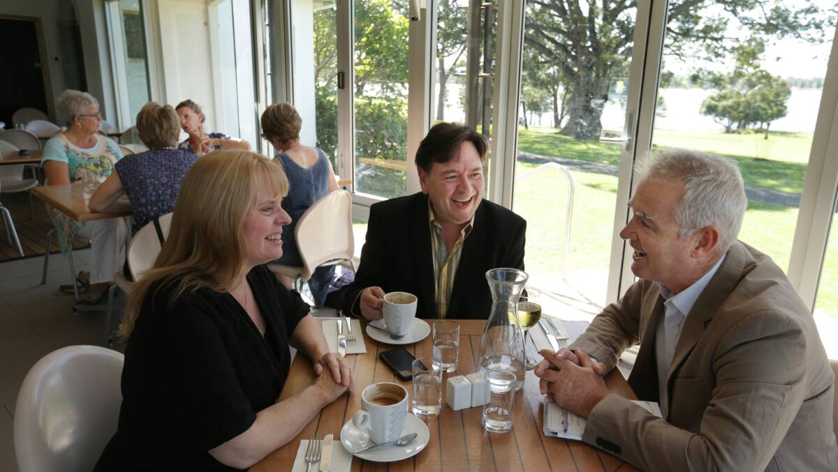 George Merryman and Jo Smith, who run the Regal Cinema, at lunch with Scott Bevan. Picture: Simone De Peak 