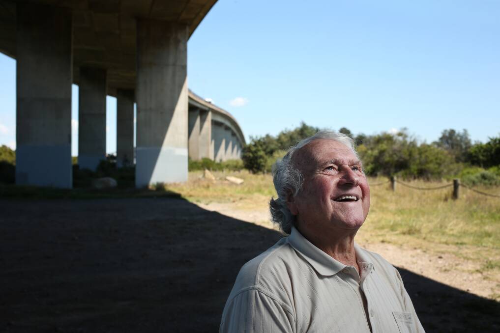 Fern Bay resident Gordon Hyde underneath the Stockton Bridge, which he helped to build. Picture: Simone De Peak