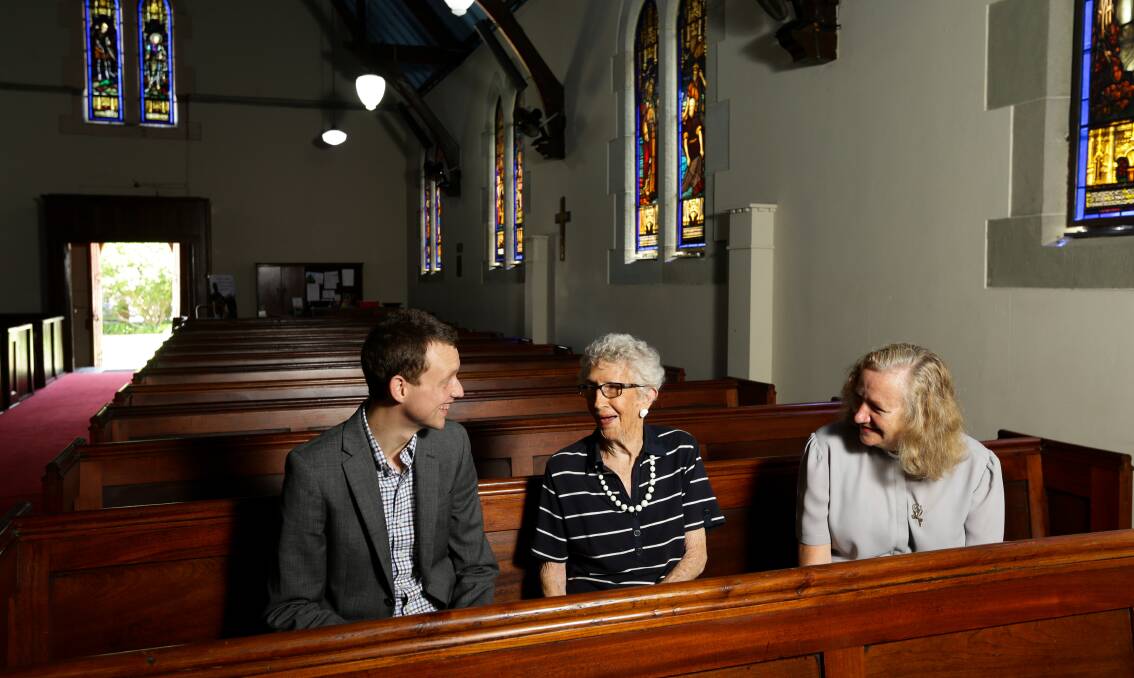 REMEMBERING: St John's Anglican Church parishioners Mark Thornton and June Wooden with the Reverend Kimberly Sawyer in the 160-year-old building. Picture: Jonathan Carroll