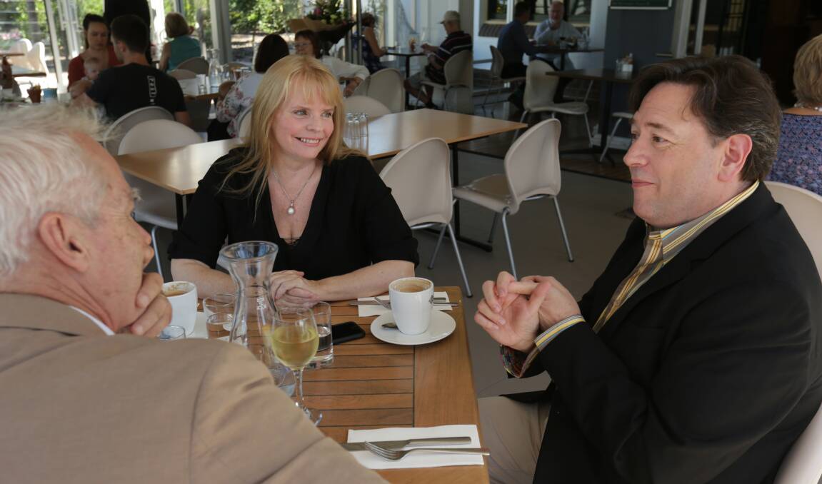 ROMANTIC COMEDY: Regal Cinema couple Jo Smith and George Merryman at lunch with Scott Bevan. Picture: Simone De Peak 
