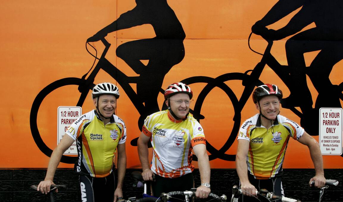 Rob Hadley, with his younger twin brothers, Todd and Brett, preparing to race in memory of Rob's daughter, Suzie, in 2008. Picture: Jonathan Carroll