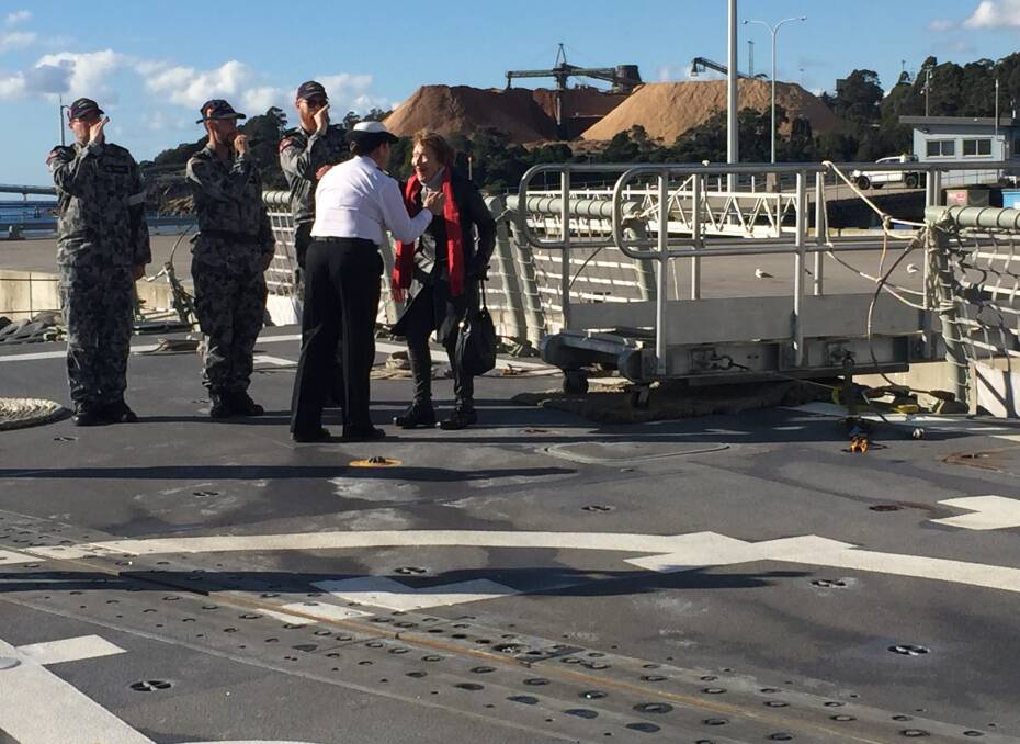 Former Lady Mayoress of Newcastle Margaret McNaughton greets Commander Anita Sellick as she boards HMAS Newcastle in Eden. Picture: Scott Bevan