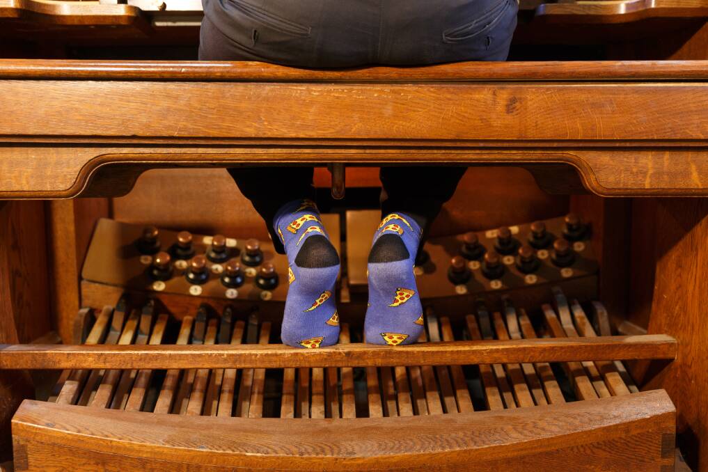 Peter Guy's pizza socks, which he wore while playing the Christ Church Cathedral organ. Picture: Max Mason-Hubers