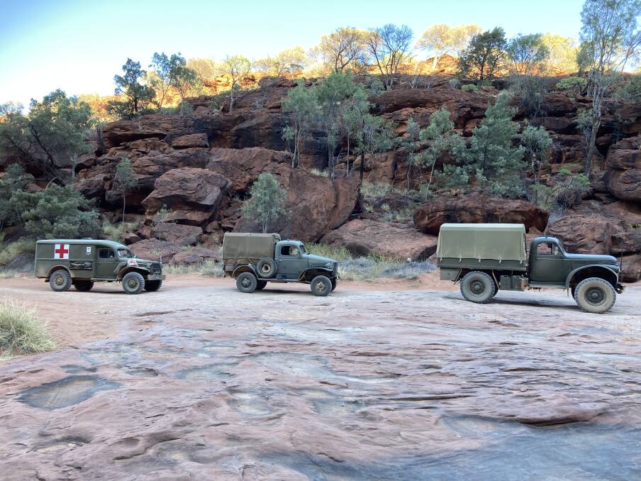 The three Lake Macquarie vehicles at Finke Gorge in the Northern Territory. Picture: Courtesy Jason Becker & Danielle Hart 