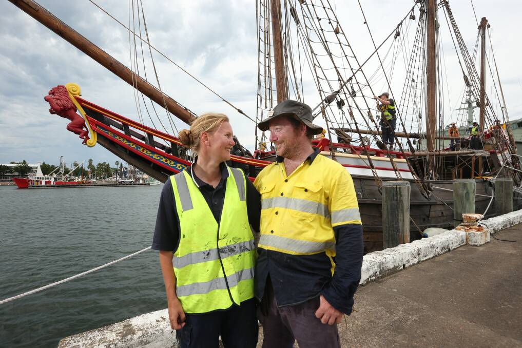 SAILING COUPLE: Mirjam Hilgeman and Andrew Bibby, with the "Duyfken" replica behind them. Picture: Simone De Peak 