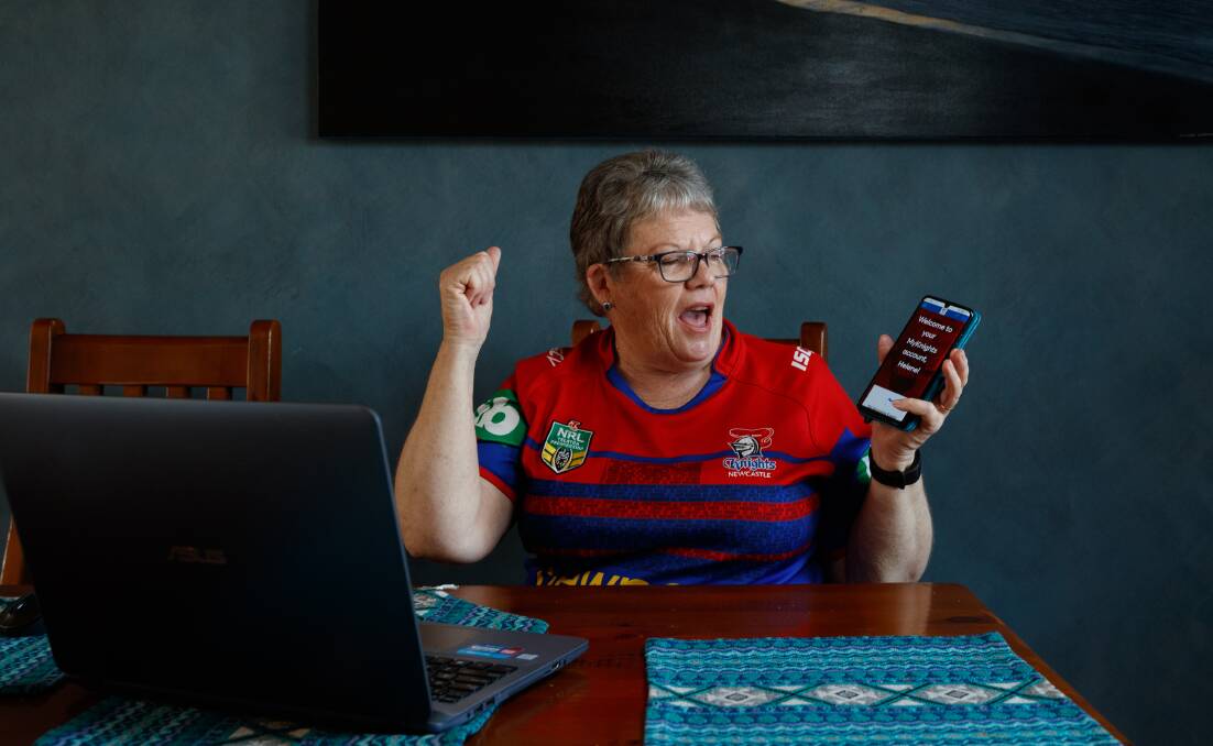 Footy fan Helene Shepherd is excited to have secured a ticket to the Newcastle Knights' first home game since the COVID-19 restrictions were imposed. Picture: Max Mason-Hubers