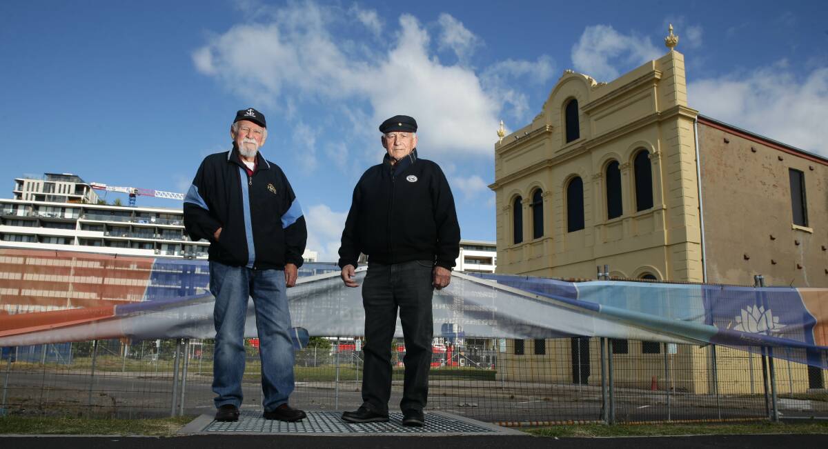 FUTURE PAST: Veteran seafarers John "Tich" James and Fred Krausert outside the former Wickham School of Arts building, which they believe could house the city's maritime museum. Picture: Jonathan Carroll