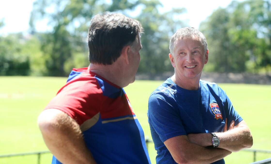 Ernie Merrick with Newcastle Jets CEO and former player and coach Lawrie McKinna. Picture: Marina Neil