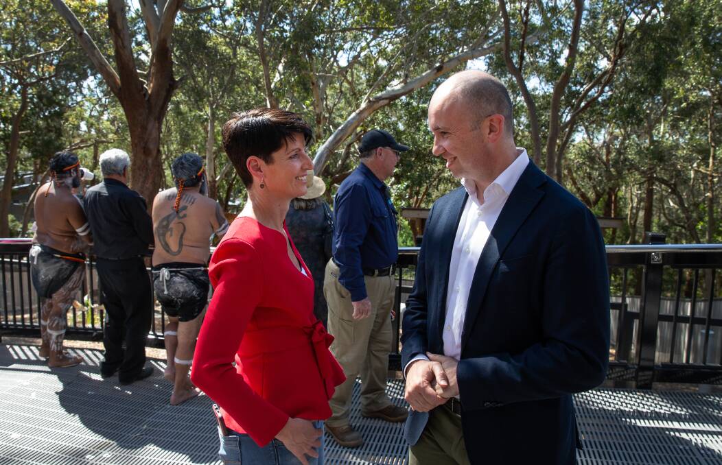 Member for Port Stephens and Shadow Environment Minister Kate Washington speaks with Environment Minister Matt Kean at the Port Stephens Koala Sanctuary opening. Picture: Marina Neil 