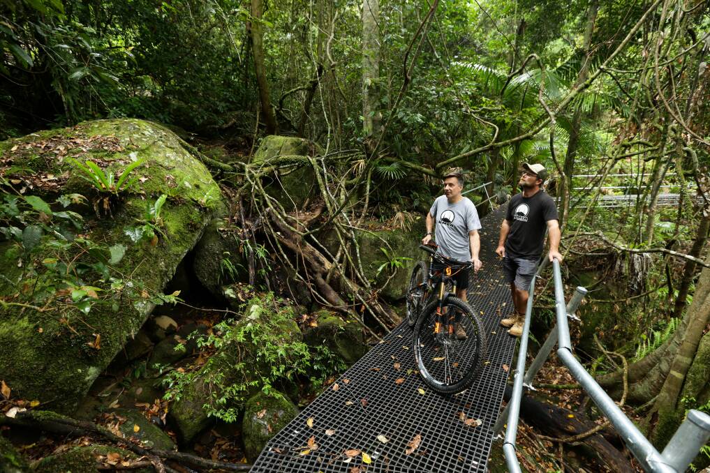 Hunter Mountain Bike Association members Dallas Barham and Rick Kehoe on the new trail they helped build. Picture: Jonathan Carroll