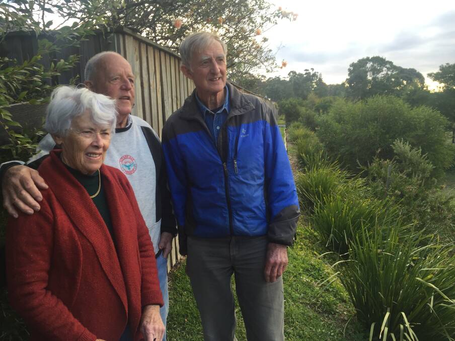 Nancy and Steve Lott show John Le Messurier the plantings along a drainage embankment in Eleebana. Picture: Scott Bevan