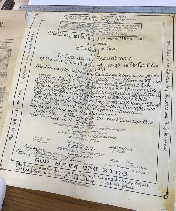 The parchment scroll, with the names of Wingham district soldiers lost in WWI, and signed by members of Wingham Municipal Council, dated 1923. Picture by Julia Driscoll.