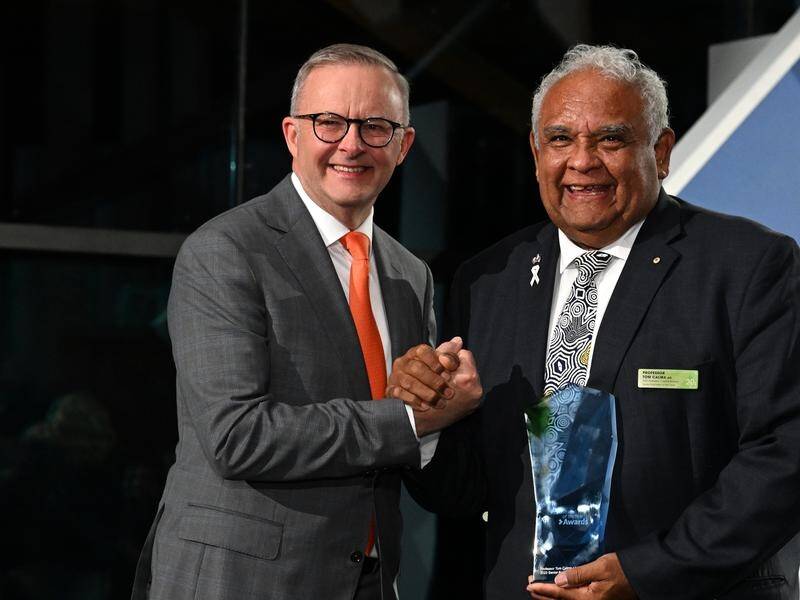 Anthony Albanese and Tom Calma are united in calling for support for the voice to parliament. (Mick Tsikas/AAP PHOTOS)