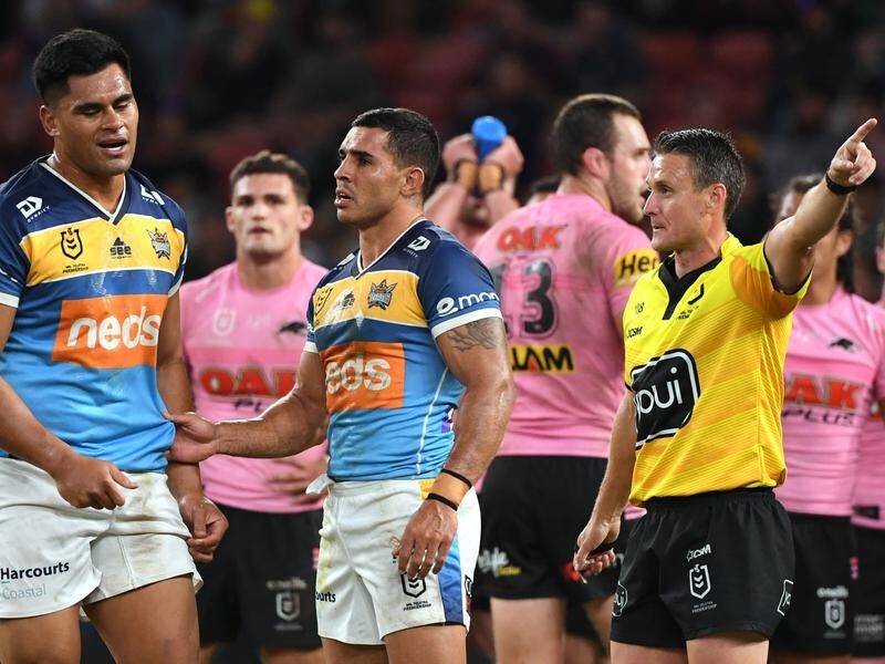 Gold Coast's Herman Ese'ese (left) became the third player sent off during the NRL's Magic Round.