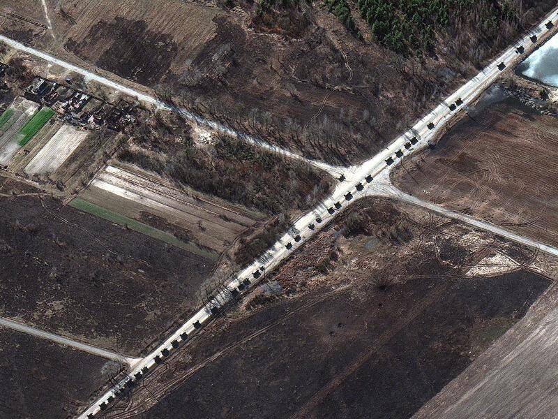 A satellite image shows a Russian military convoy, 64 km long, heading towards Kyiv in Ukraine.