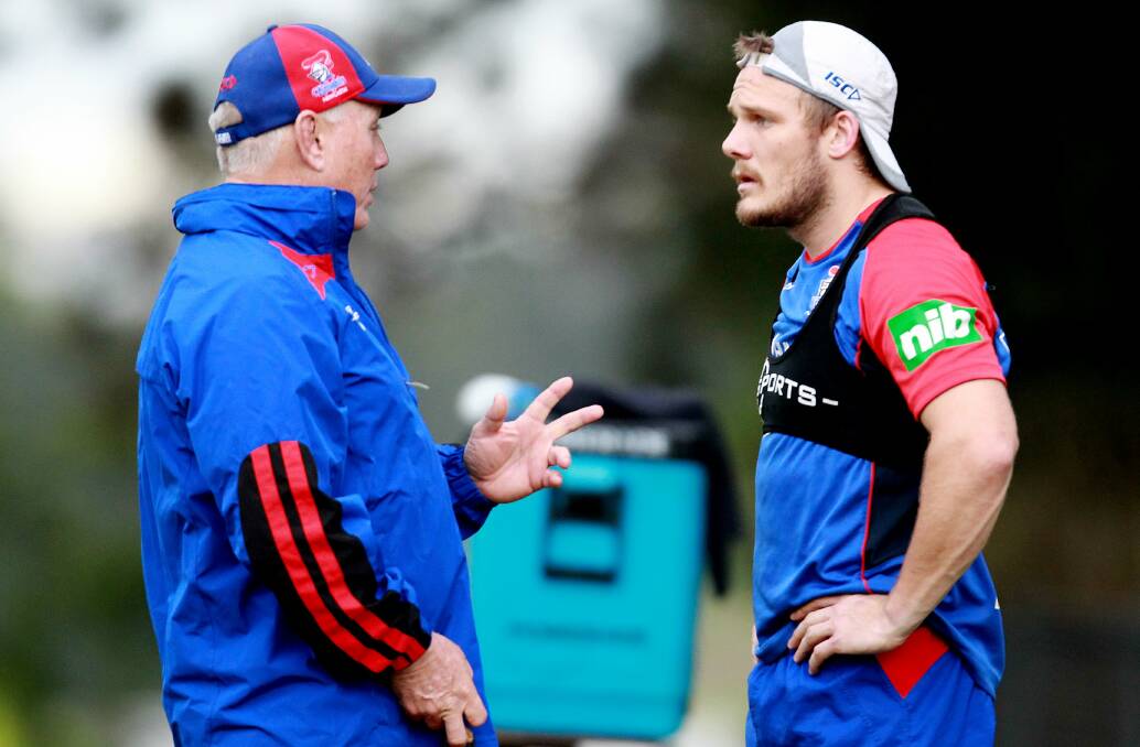 ENTHUSIASTIC: Nathan Ross talks to coach Rick Stone at training last month.  Picture: Ryan Osland
