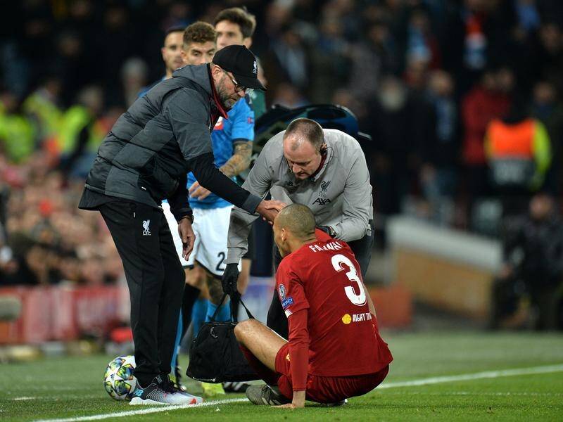 Liverpool's Fabinho will be sidelined for at least six weeks after suffering ankle ligament damage.