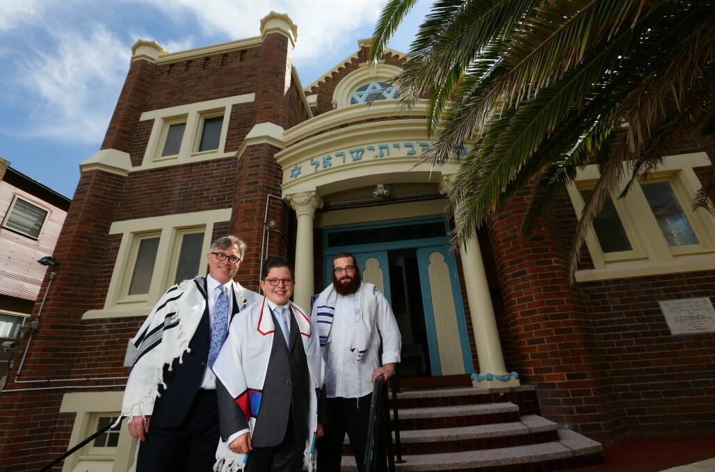 Paul Tipper, Joshua Tipper and Rabbi Yossi Roda  at the Newcastle Jewish Synagogue. Picture: Jonathan Carroll