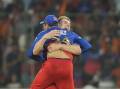 Cameron Green celebrates wildly after getting Pat Cummins out in the IPL. (AP PHOTO)