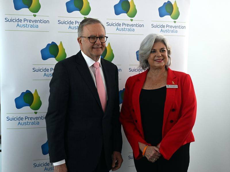 Prime Minister Anthony Albanese chats with Suicide Prevention Australia CEO Nieves Murray. (Mick Tsikas/AAP PHOTOS)